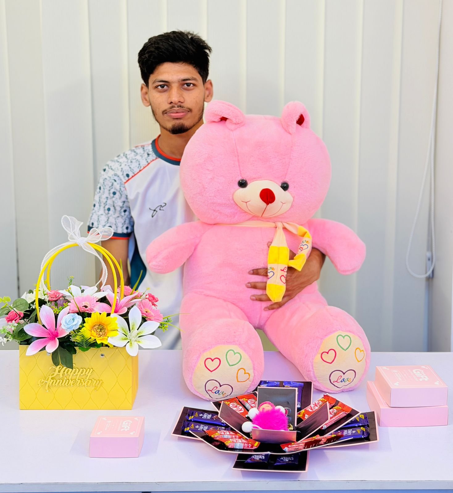 Giant Pink Teddy Bear with Flower Basket & Chocolate Gift Set