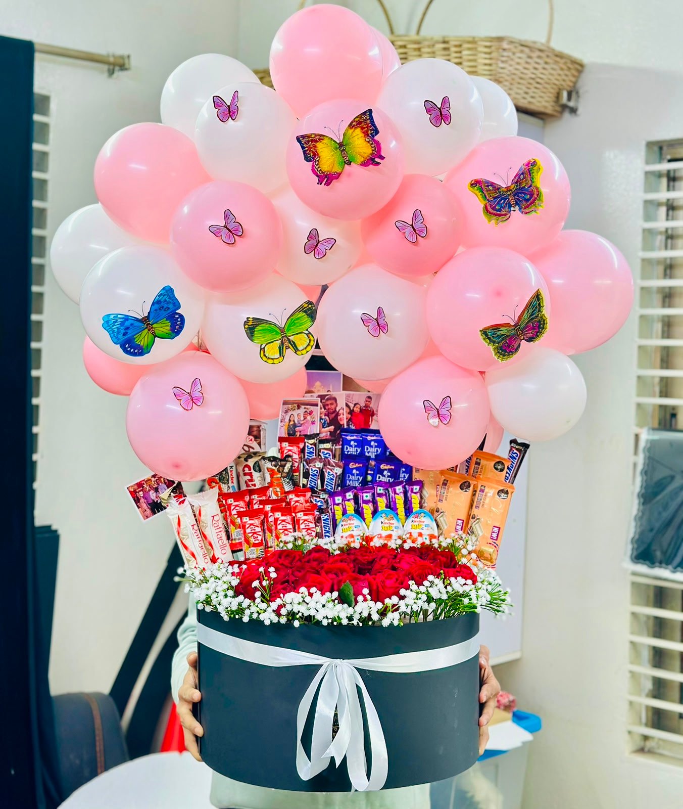 Luxury Balloon, Chocolate & Rose Surprise Arrangement